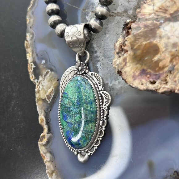 Sterling Southwestern Style Elongated Chrysocolla Decorated Pendant For Women - Picture 7 of 10